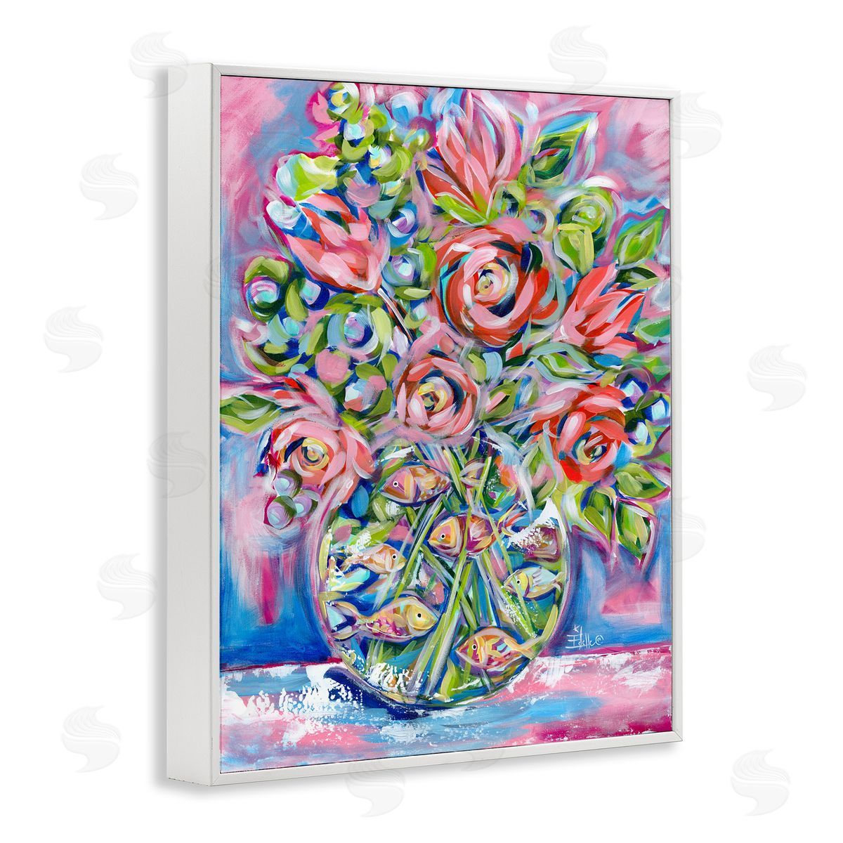 Roses and Goldfish Vase White Frame Print Wall Art, Home Decor by Estelle Grengs