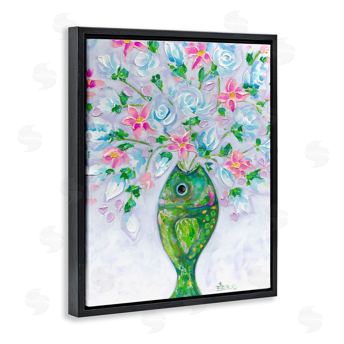 Nautical Fish Bouquet Black Floating Frame Canvas Wall Art, Home Decor by Estelle Grengs