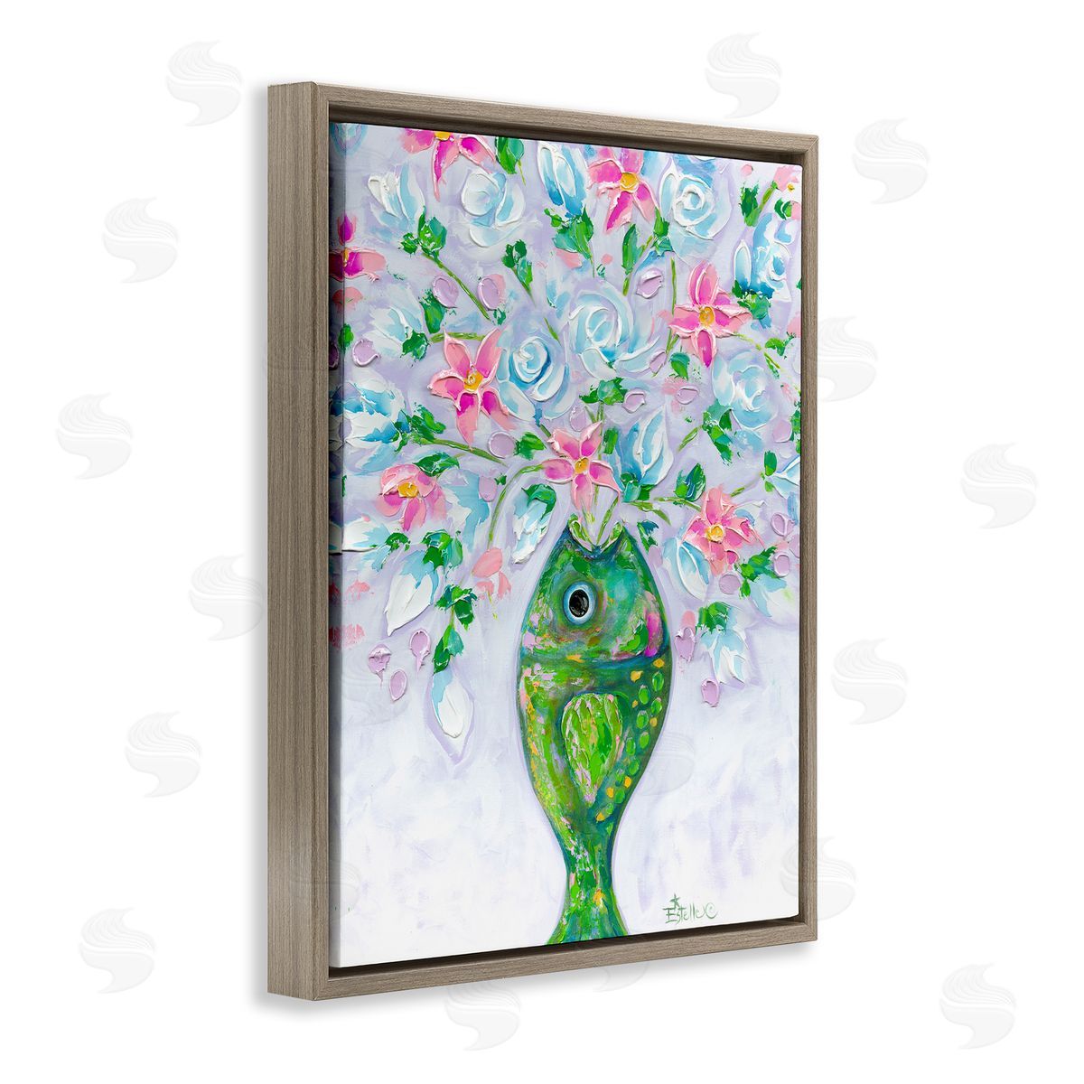 Nautical Fish Bouquet Brown Floating Frame Canvas Wall Art, Home Decor by Estelle Grengs