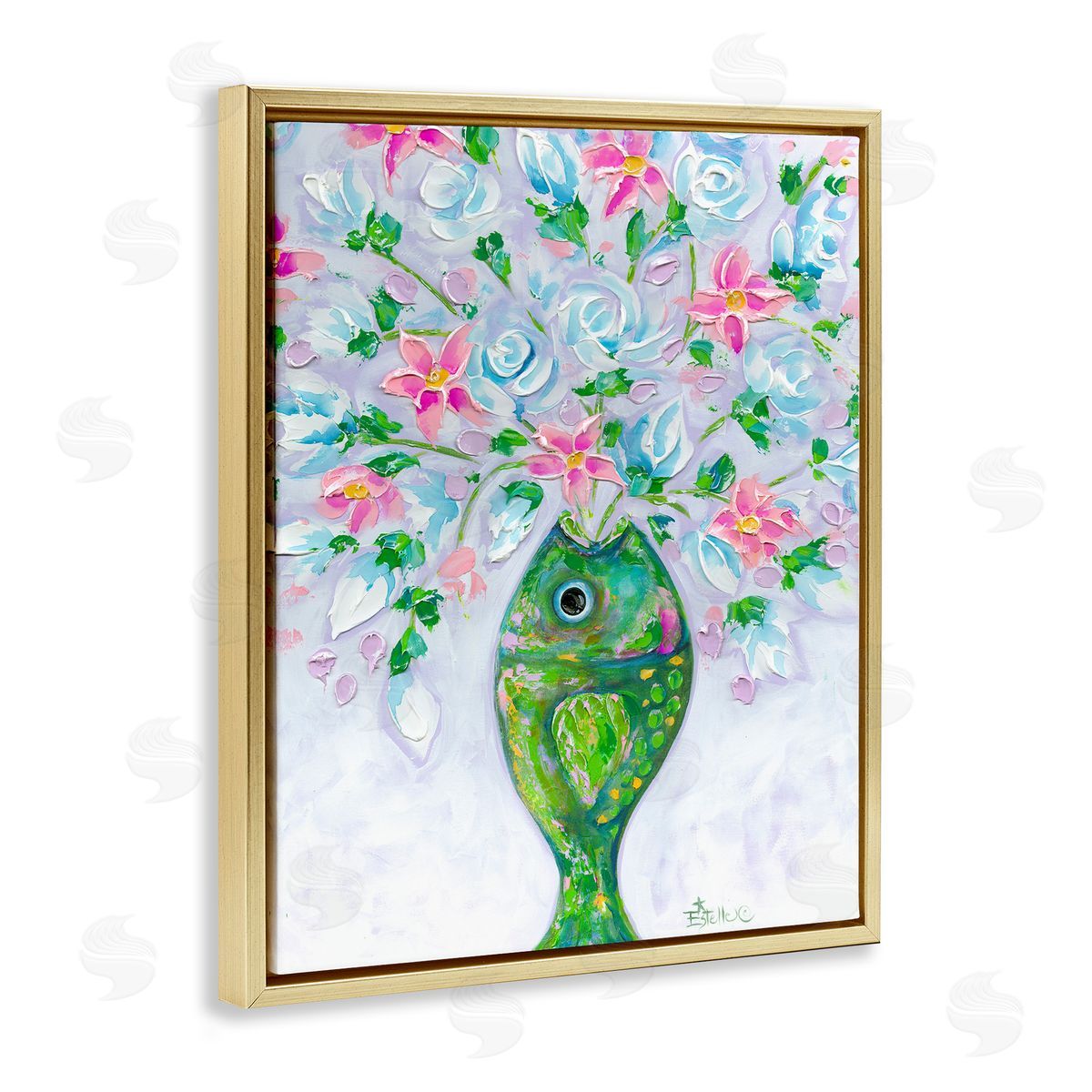 Nautical Fish Bouquet Gold Floating Frame Canvas Wall Art, Home Decor by Estelle Grengs