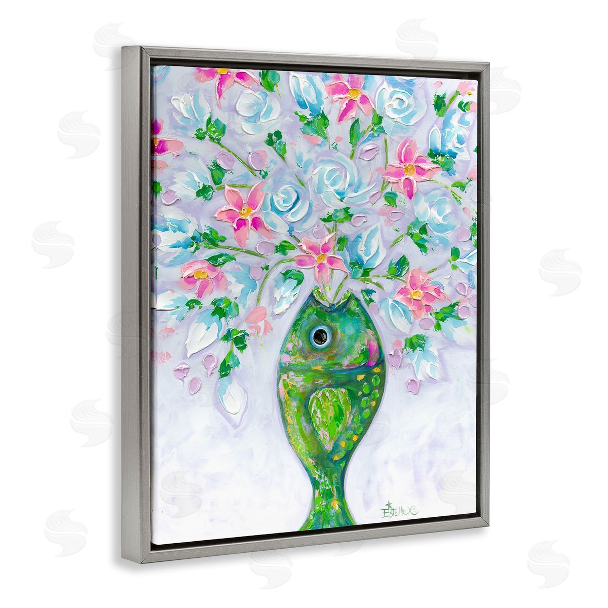 Nautical Fish Bouquet Grey Floating Frame Canvas Wall Art, Home Decor by Estelle Grengs