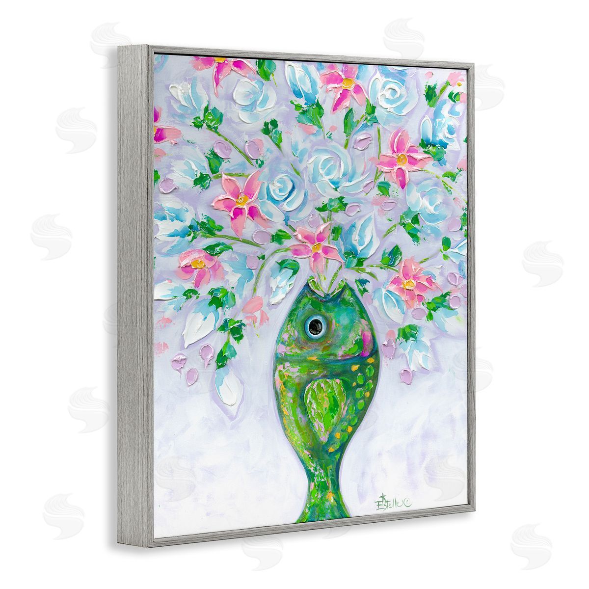 Nautical Fish Bouquet Grey Frame Print Wall Art, Home Decor by Estelle Grengs