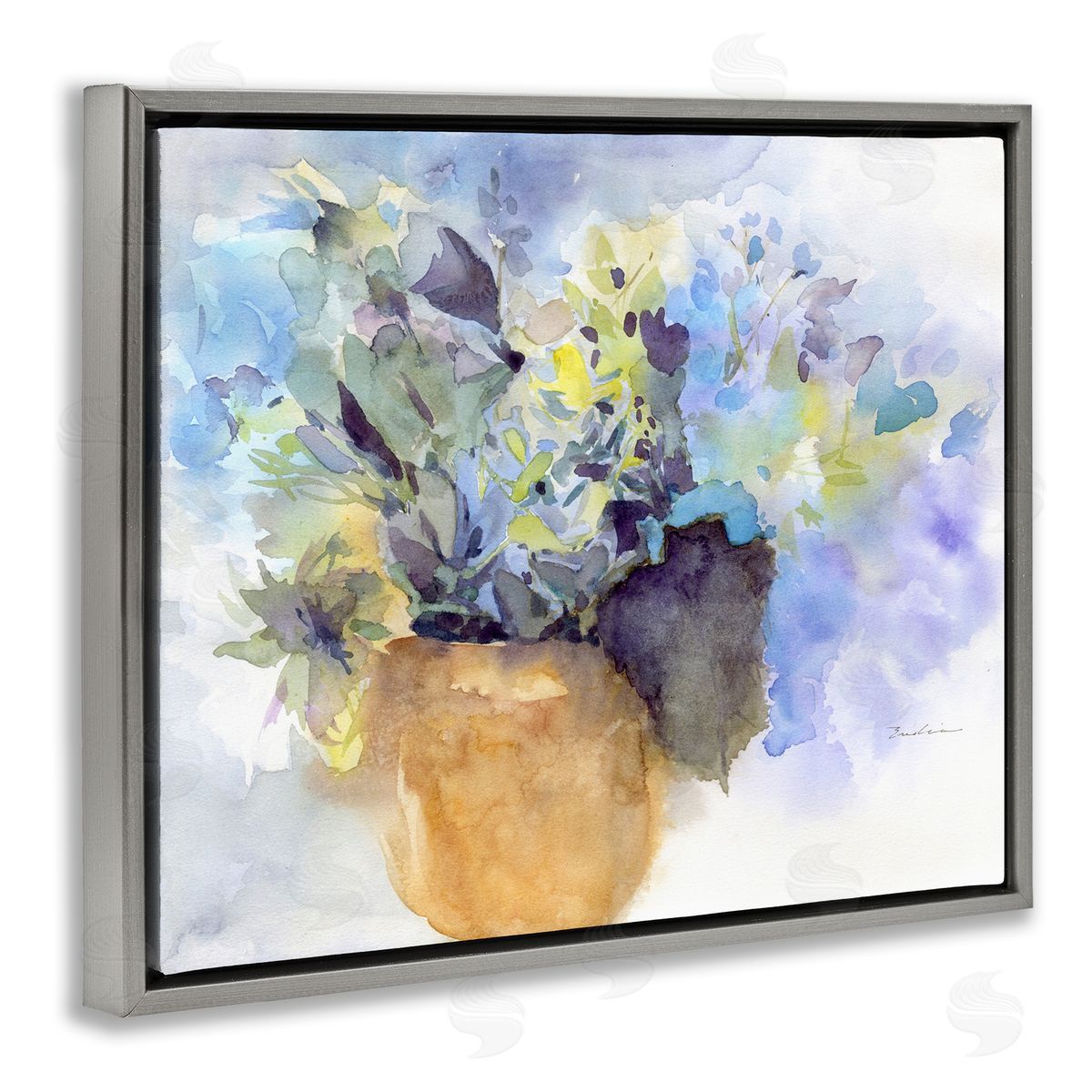 Watercolor Blue Hydrangea Grey Floating Frame Canvas Wall Art, Home Decor by Evelia Designs