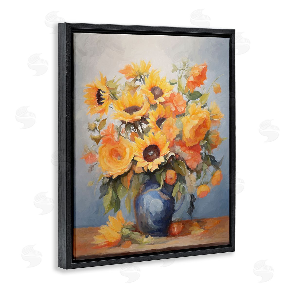 Sunflower Medley Vase Black Floating Frame Canvas Wall Art, Home Decor by Ramona Murdock