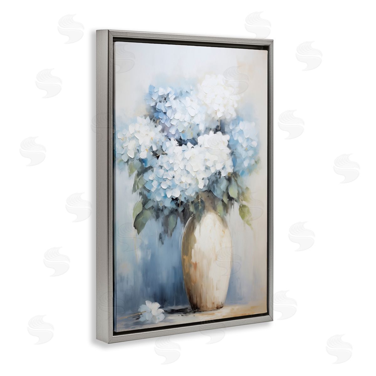 White and Blue Hydrangeas Grey Floating Frame Canvas Wall Art, Home Decor by Gina Kelly