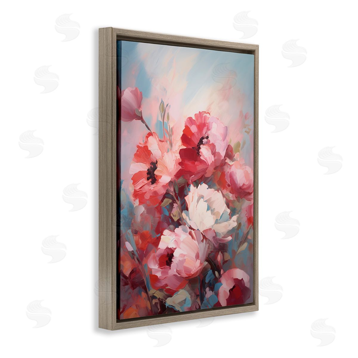 Red and White Anemones Brown Floating Frame Canvas Wall Art, Home Decor by Gina Kelly