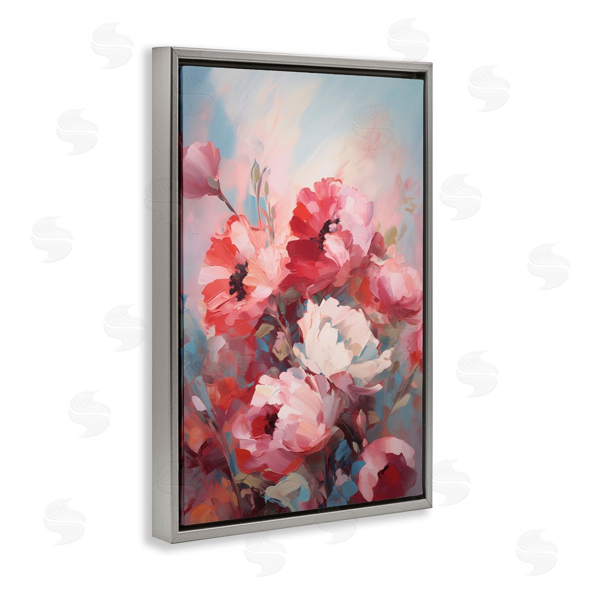 Red and White Anemones Grey Floating Frame Canvas Wall Art, Home Decor by Gina Kelly