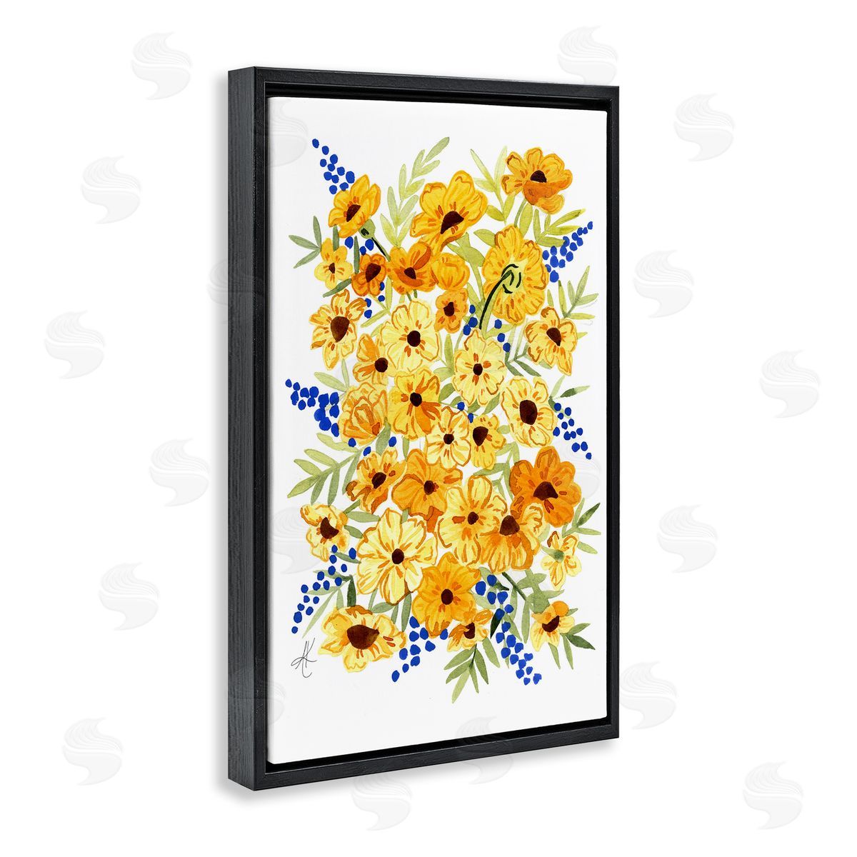 Golden Cosmos Flowers Black Floating Frame Canvas Wall Art, Home Decor by Alexandria Gilbert Kincaid