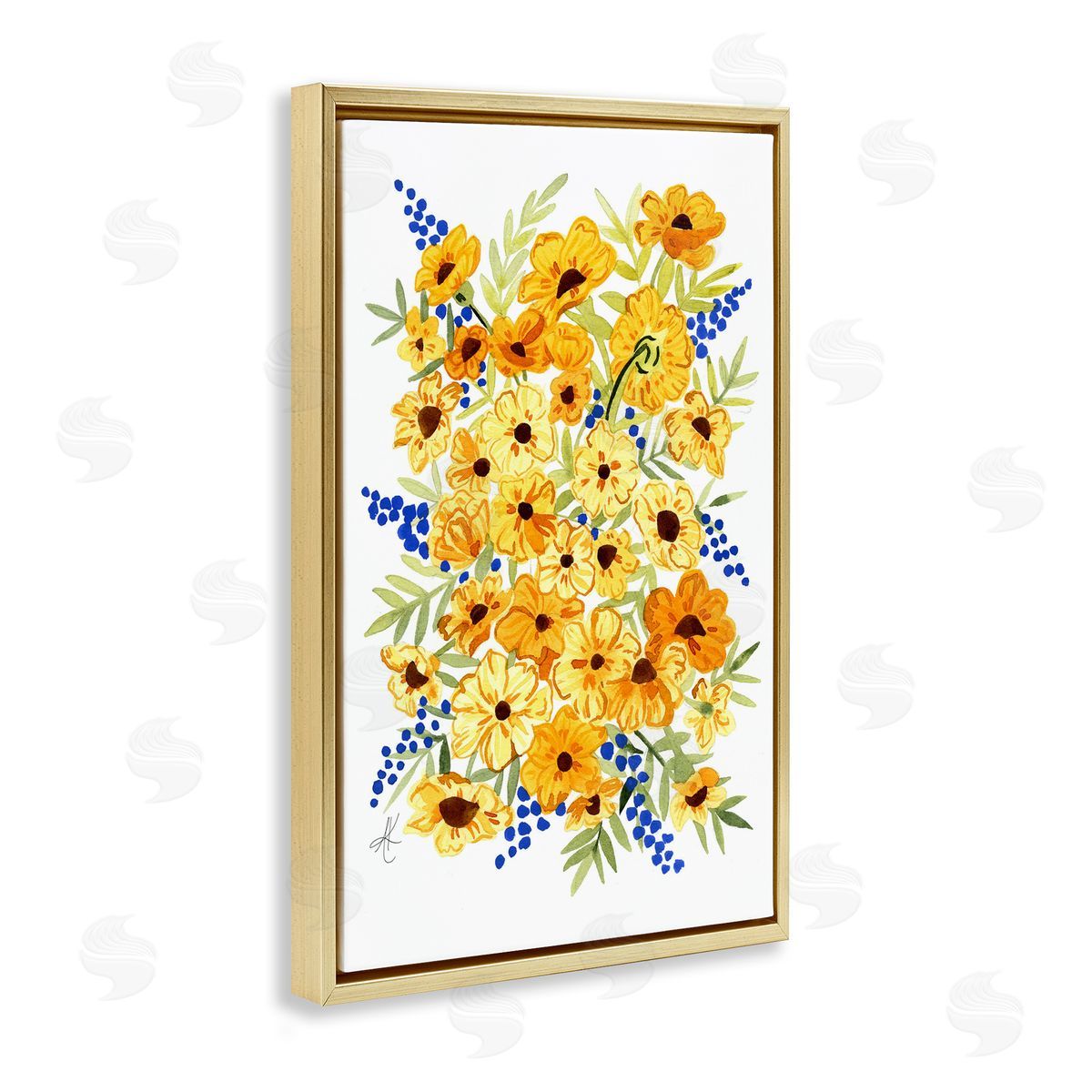 Golden Cosmos Flowers Gold Floating Frame Canvas Wall Art, Home Decor by Alexandria Gilbert Kincaid