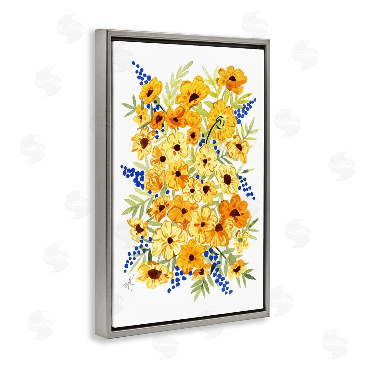 Golden Cosmos Flowers Grey Floating Frame Canvas Wall Art, Home Decor by Alexandria Gilbert Kincaid
