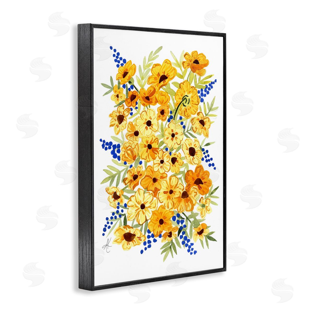 Golden Cosmos Flowers Black Frame Print Wall Art, Home Decor by Alexandria Gilbert Kincaid