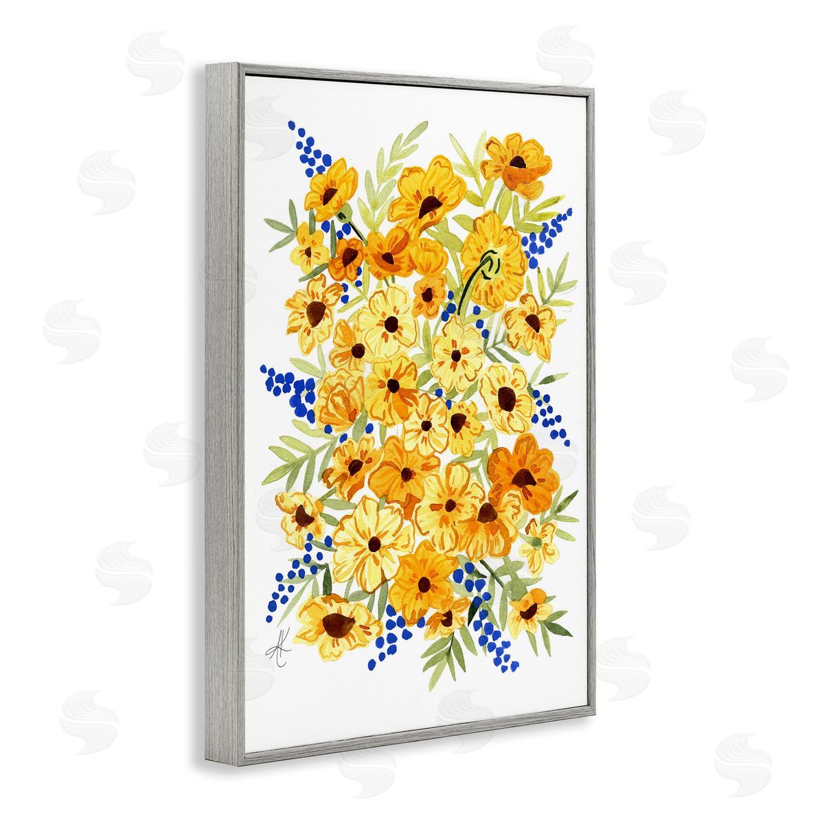 Golden Cosmos Flowers Grey Frame Print Wall Art, Home Decor by Alexandria Gilbert Kincaid