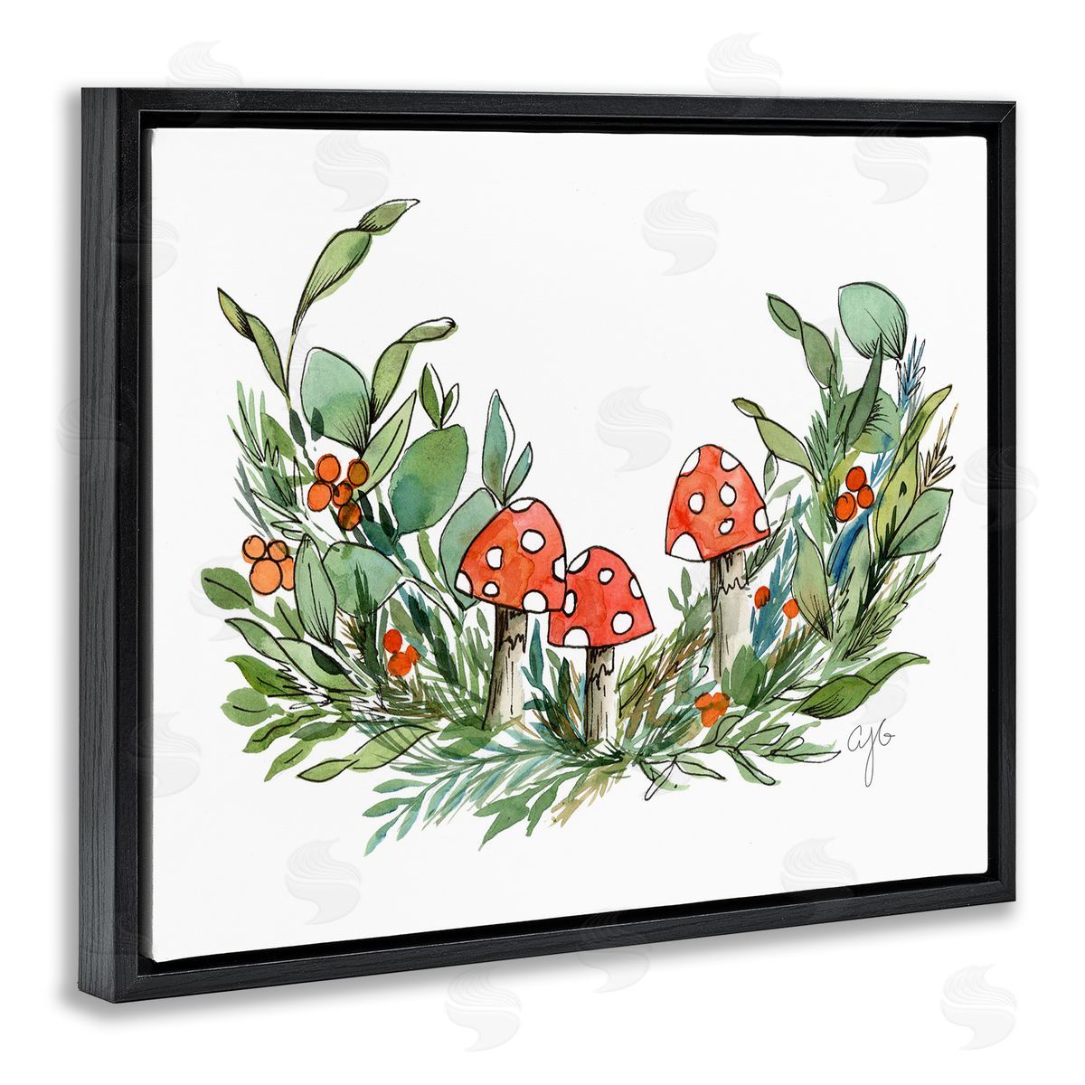 Alexandria Gilbert Kincaid Mushrooms and Greens Black Floating Frame Canvas Wall Art Print
