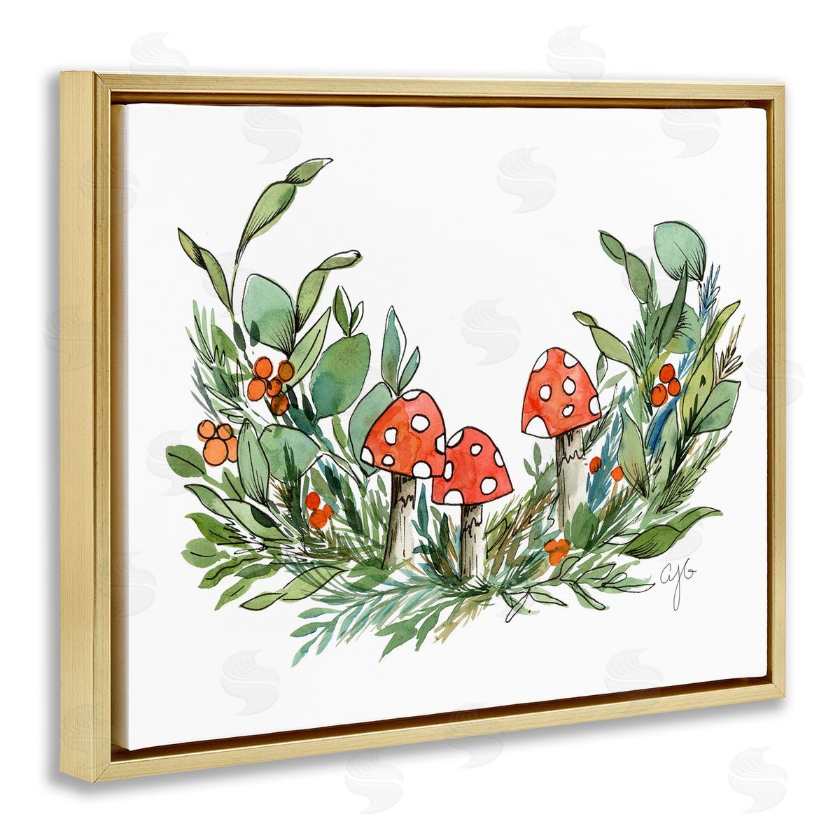 Alexandria Gilbert Kincaid Mushrooms and Greens Gold Floating Frame Canvas Wall Art Print