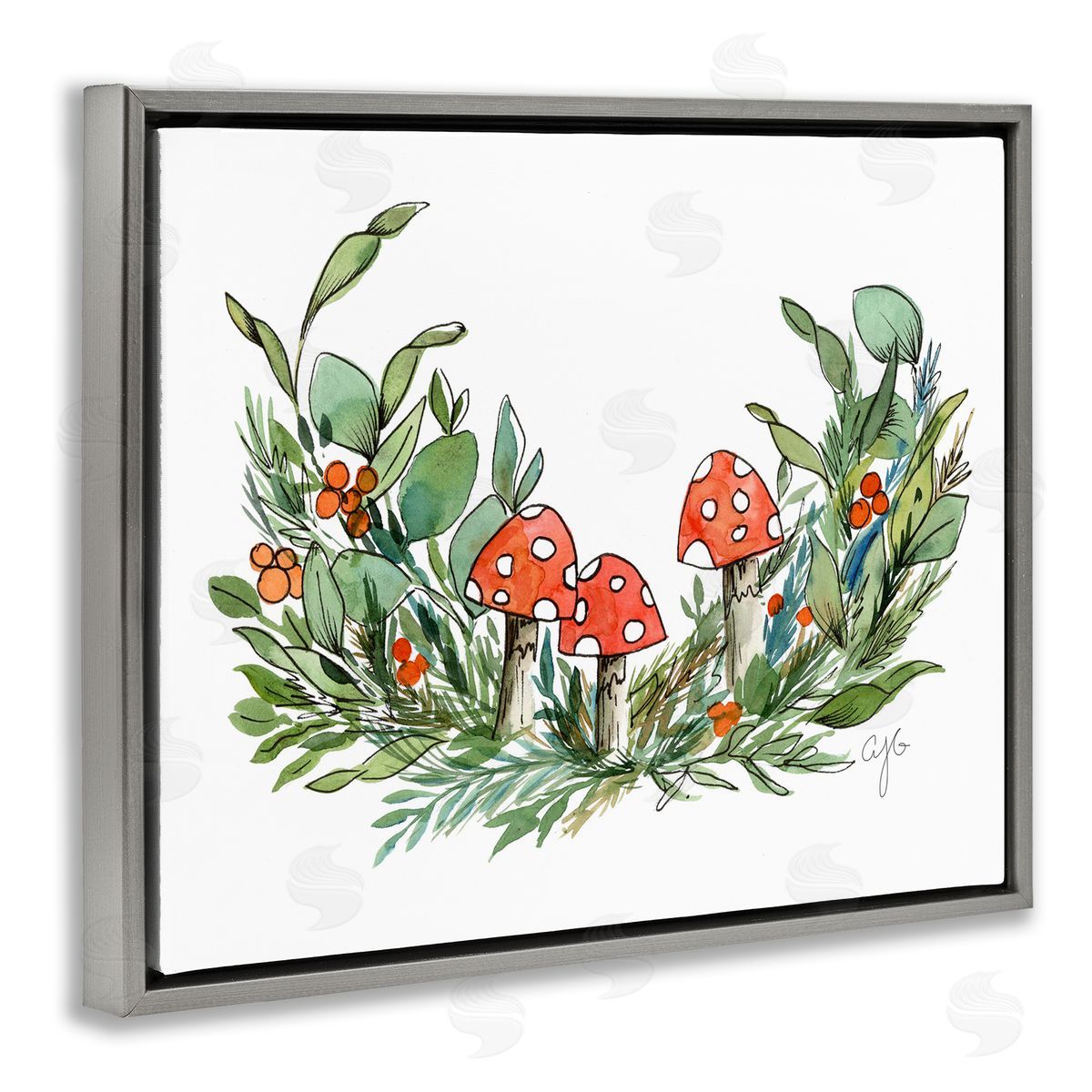 Alexandria Gilbert Kincaid Mushrooms and Greens Gray Floating Frame Canvas Wall Art Print