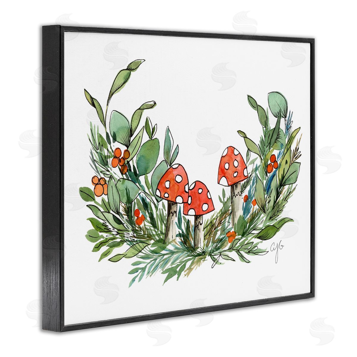Alexandria Gilbert Kincaid Mushrooms and Greens Black Framed Giclee Wall Art Print