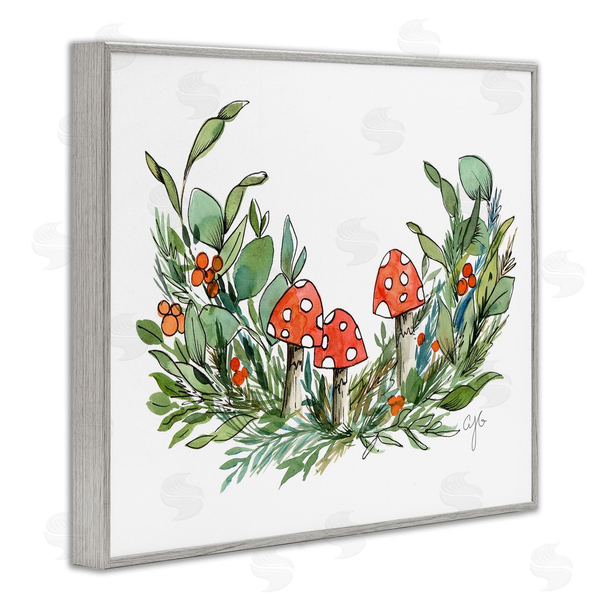 Alexandria Gilbert Kincaid Mushrooms and Greens Gray Framed Giclee Wall Art Print