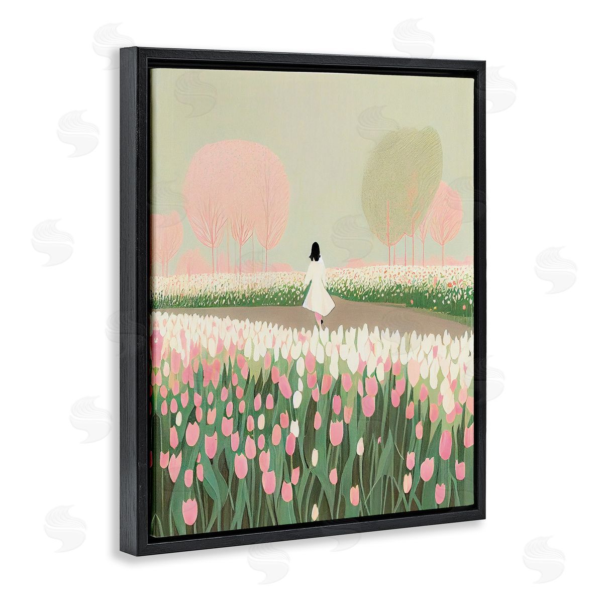 Walking in Tulip Meadow Black Floating Frame Canvas Wall Art, Home Decor by Incado