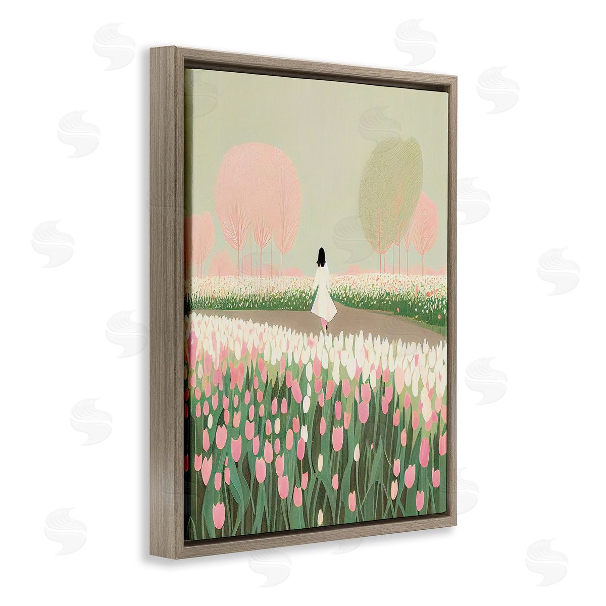 Walking in Tulip Meadow Brown Floating Frame Canvas Wall Art, Home Decor by Incado