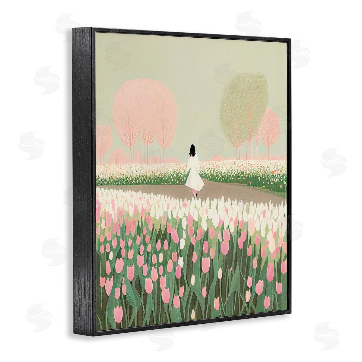 Walking in Tulip Meadow Black Frame Print Wall Art, Home Decor by Incado