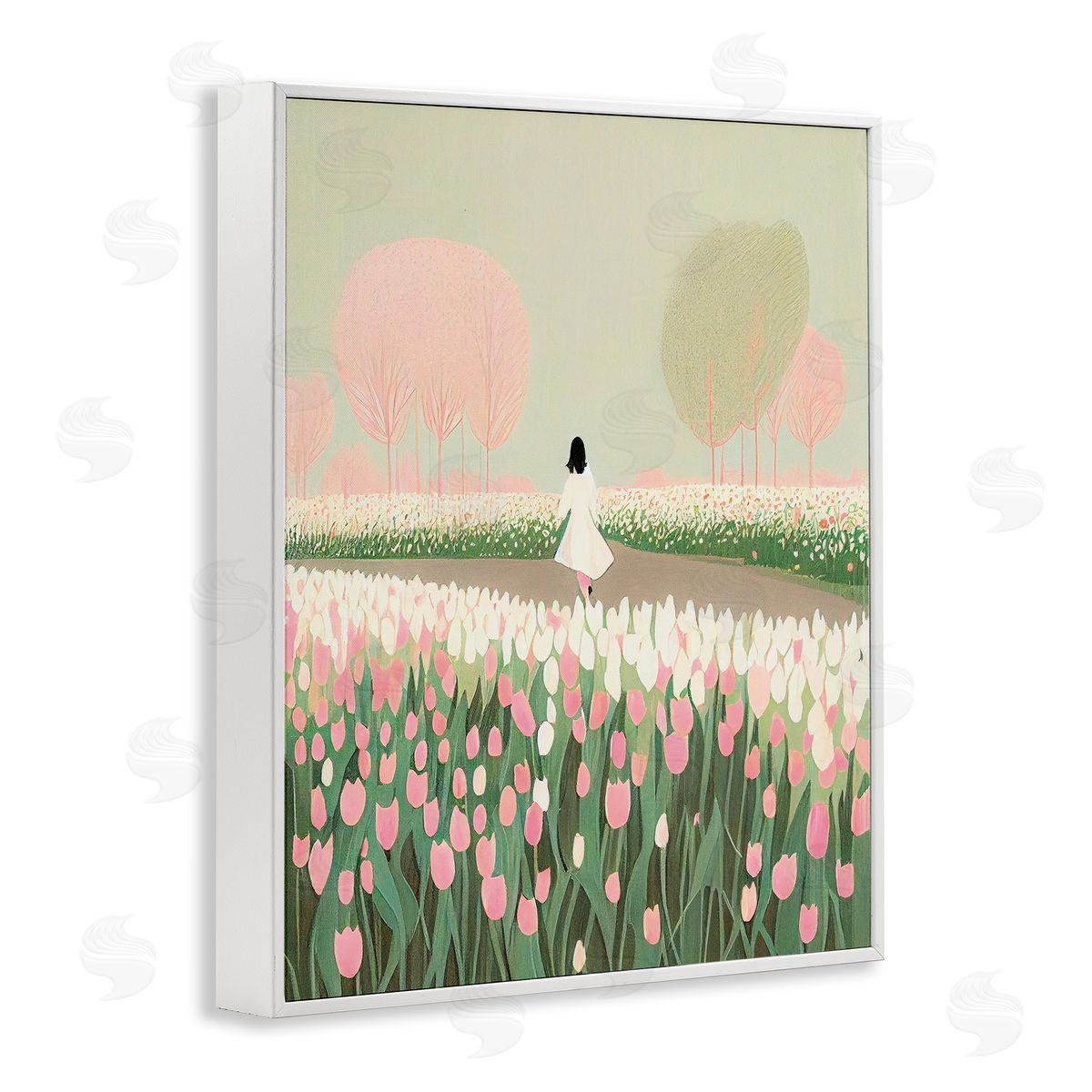 Walking in Tulip Meadow White Frame Print Wall Art, Home Decor by Incado