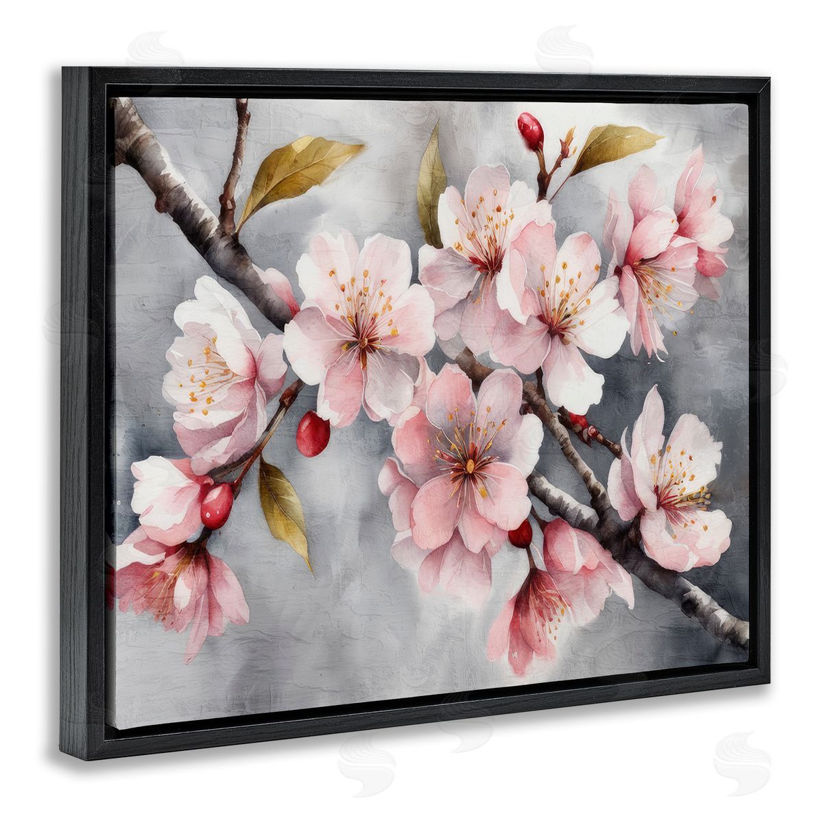 Blossoms On Grey Black Floating Frame Canvas Wall Art, Home Decor by Kim Allen