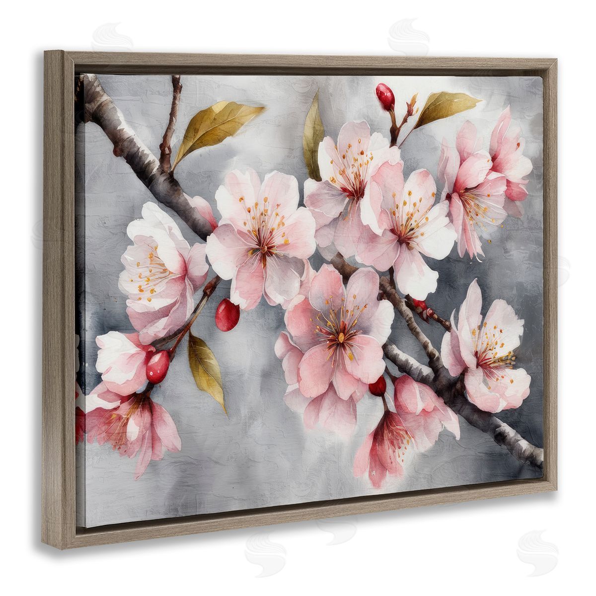 Blossoms On Grey Brown Floating Frame Canvas Wall Art, Home Decor by Kim Allen