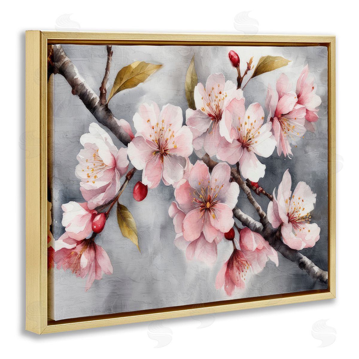 Blossoms On Grey Gold Floating Frame Canvas Wall Art, Home Decor by Kim Allen