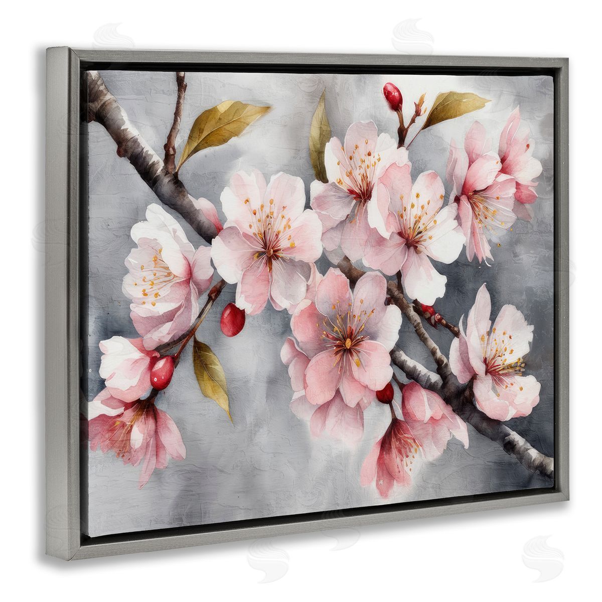 Blossoms On Grey Grey Floating Frame Canvas Wall Art, Home Decor by Kim Allen