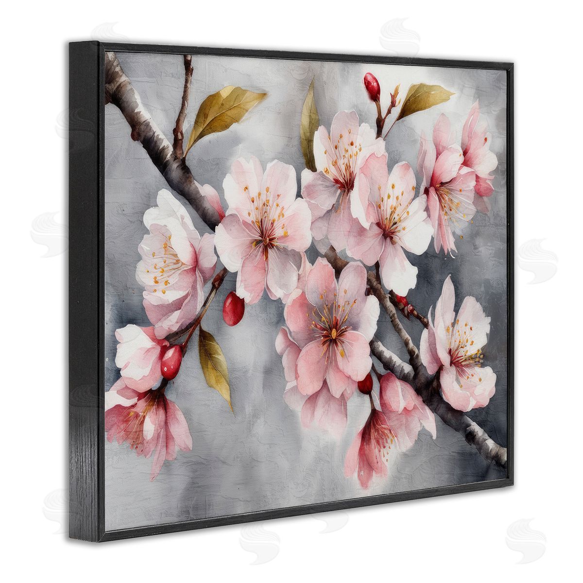 Blossoms On Grey Black Frame Print Wall Art, Home Decor by Kim Allen