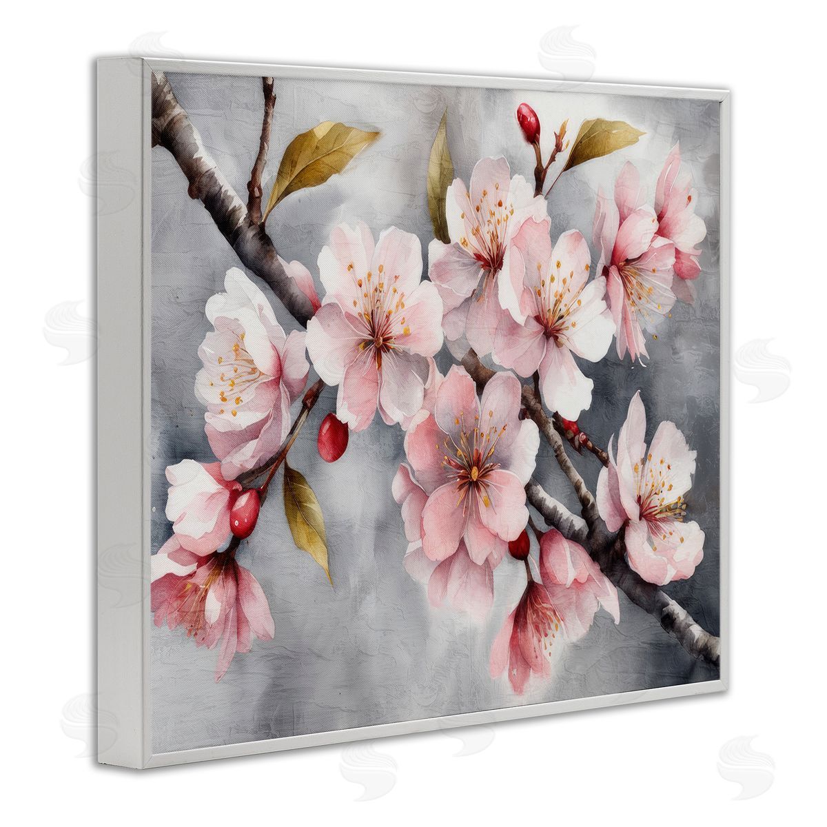 Blossoms On Grey White Frame Print Wall Art, Home Decor by Kim Allen