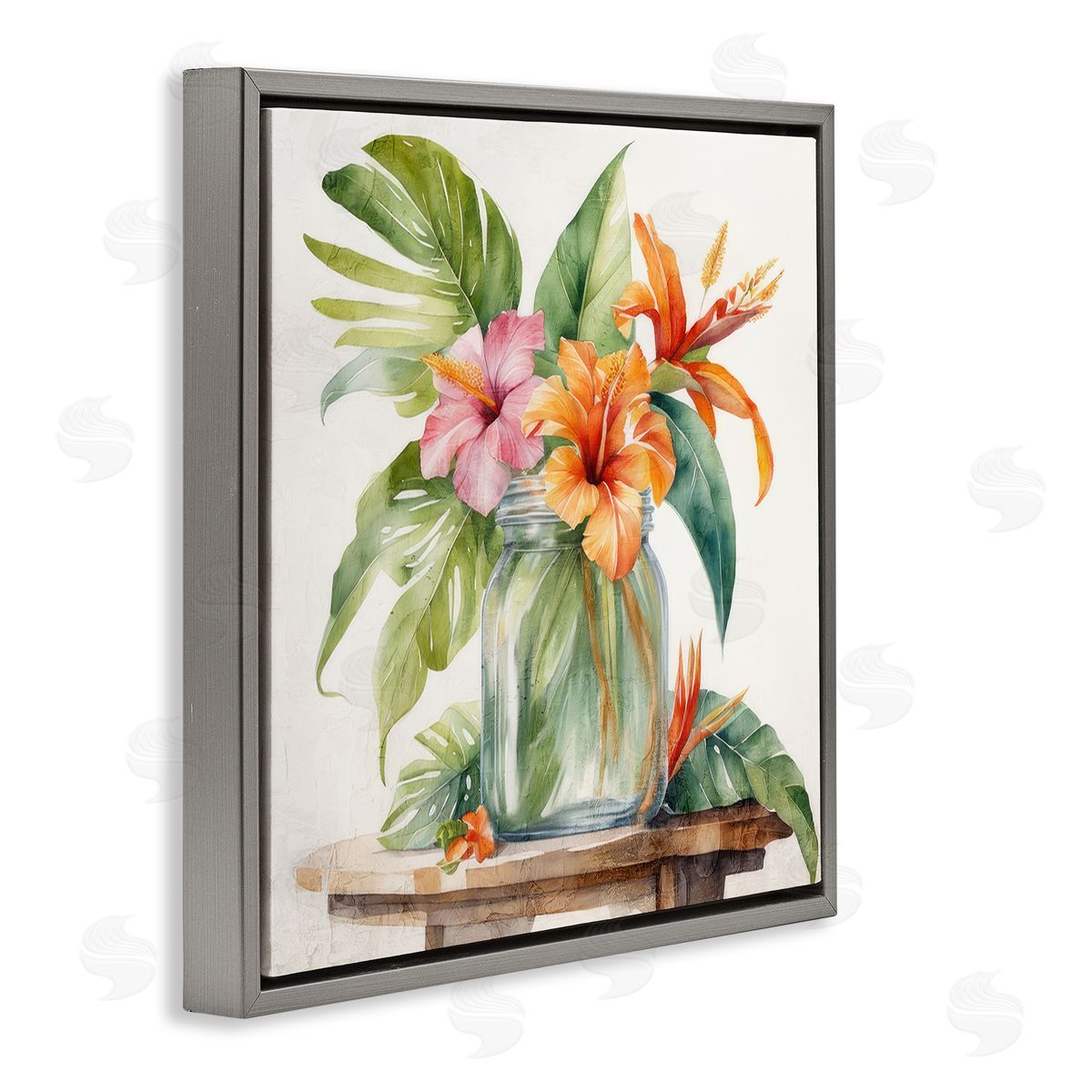 Kim Allen Tropical Floral Jar Gray Floating Frame Canvas Wall Art Print