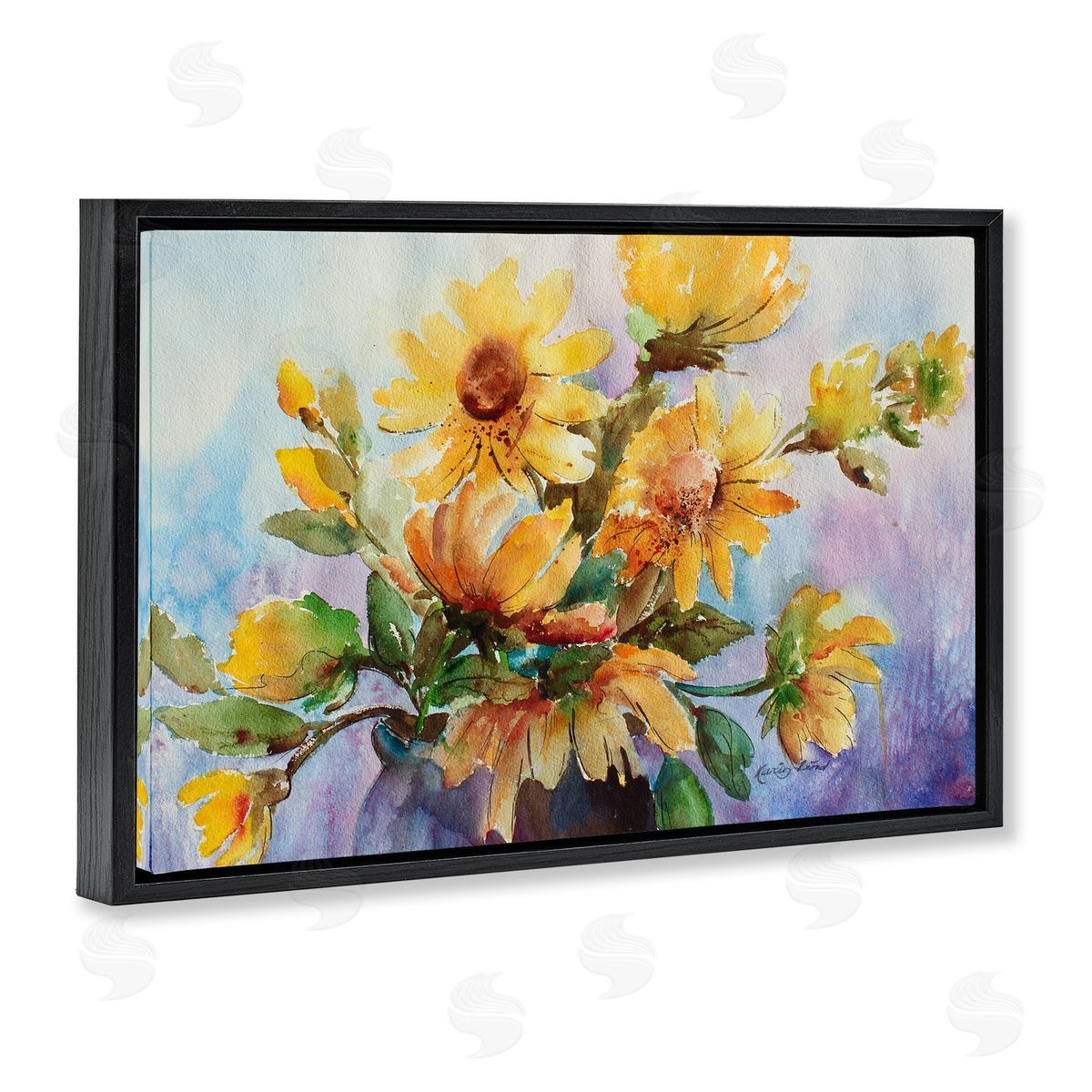 Watercolor Daisies Vase Black Floating Frame Canvas Wall Art, Home Decor by Karen Lind