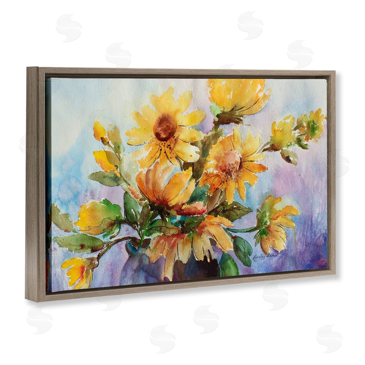 Watercolor Daisies Vase Brown Floating Frame Canvas Wall Art, Home Decor by Karen Lind