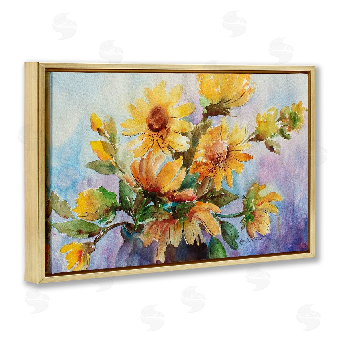 Watercolor Daisies Vase Gold Floating Frame Canvas Wall Art, Home Decor by Karen Lind