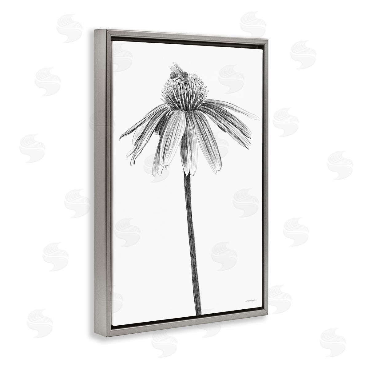 Simple Daisy Sprig Grey Floating Frame Canvas Wall Art, Home Decor by Kamdon Kreations