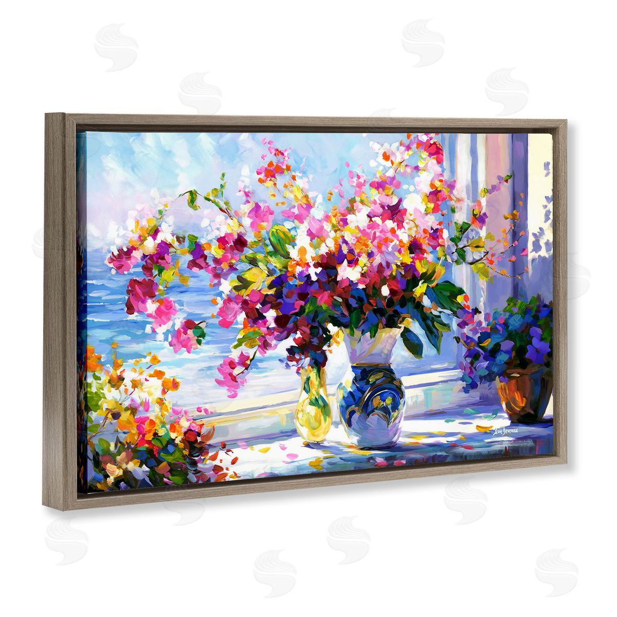 Morning Sun Blooms Brown Floating Frame Canvas Wall Art, Home Decor by Leon Devenice