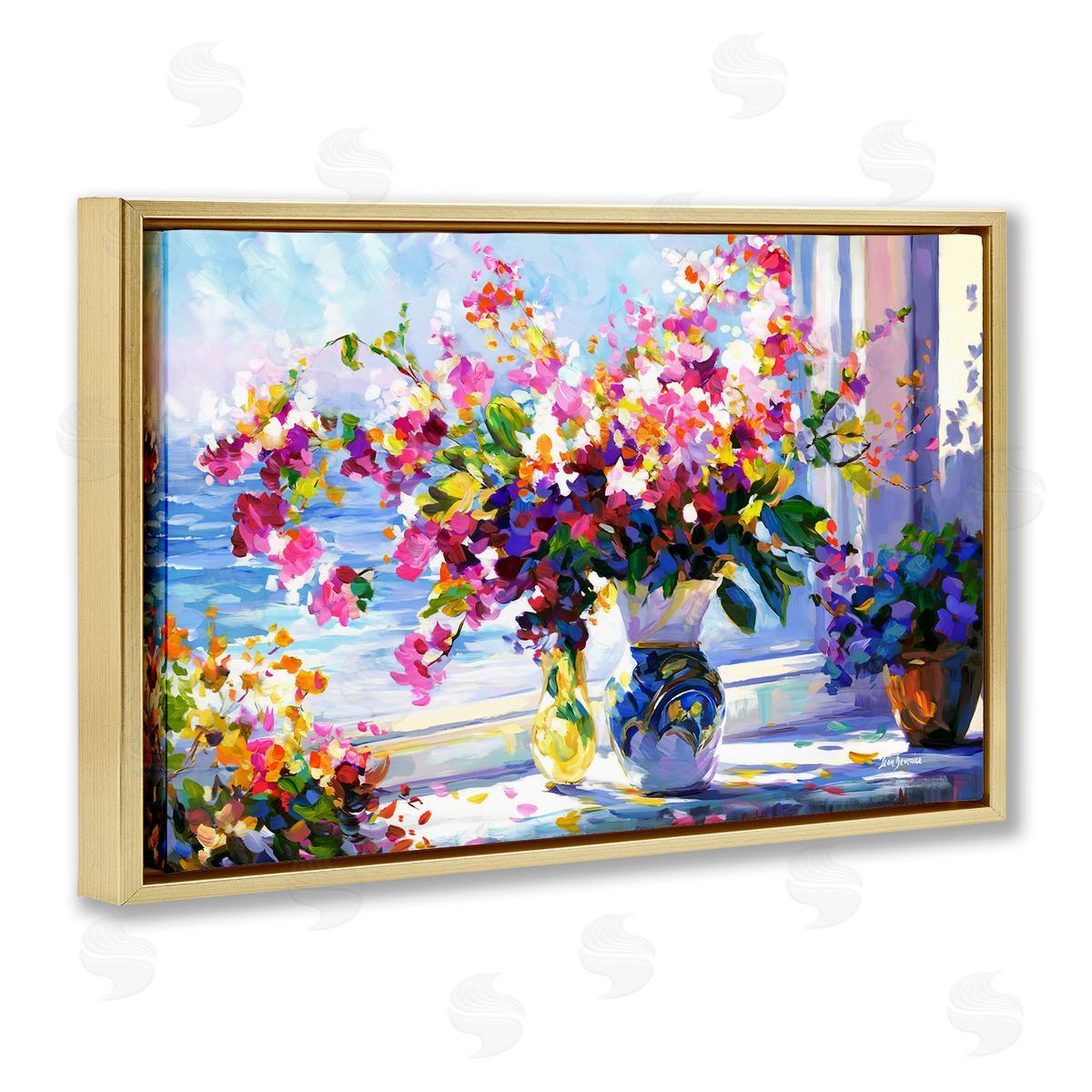 Morning Sun Blooms Gold Floating Frame Canvas Wall Art, Home Decor by Leon Devenice
