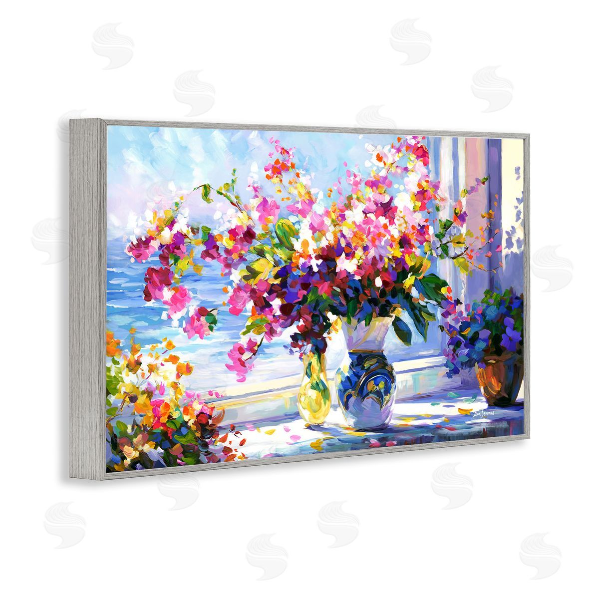 Morning Sun Blooms Grey Frame Print Wall Art, Home Decor by Leon Devenice