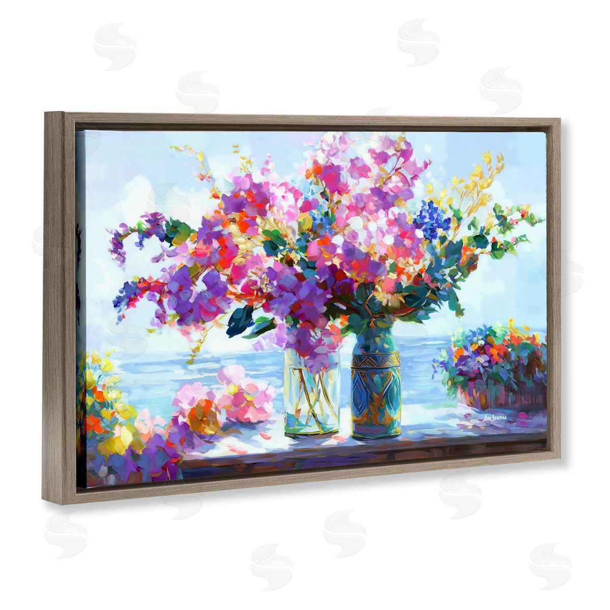Ocean Breeze Blossoms Brown Floating Frame Canvas Wall Art, Home Decor by Leon Devenice