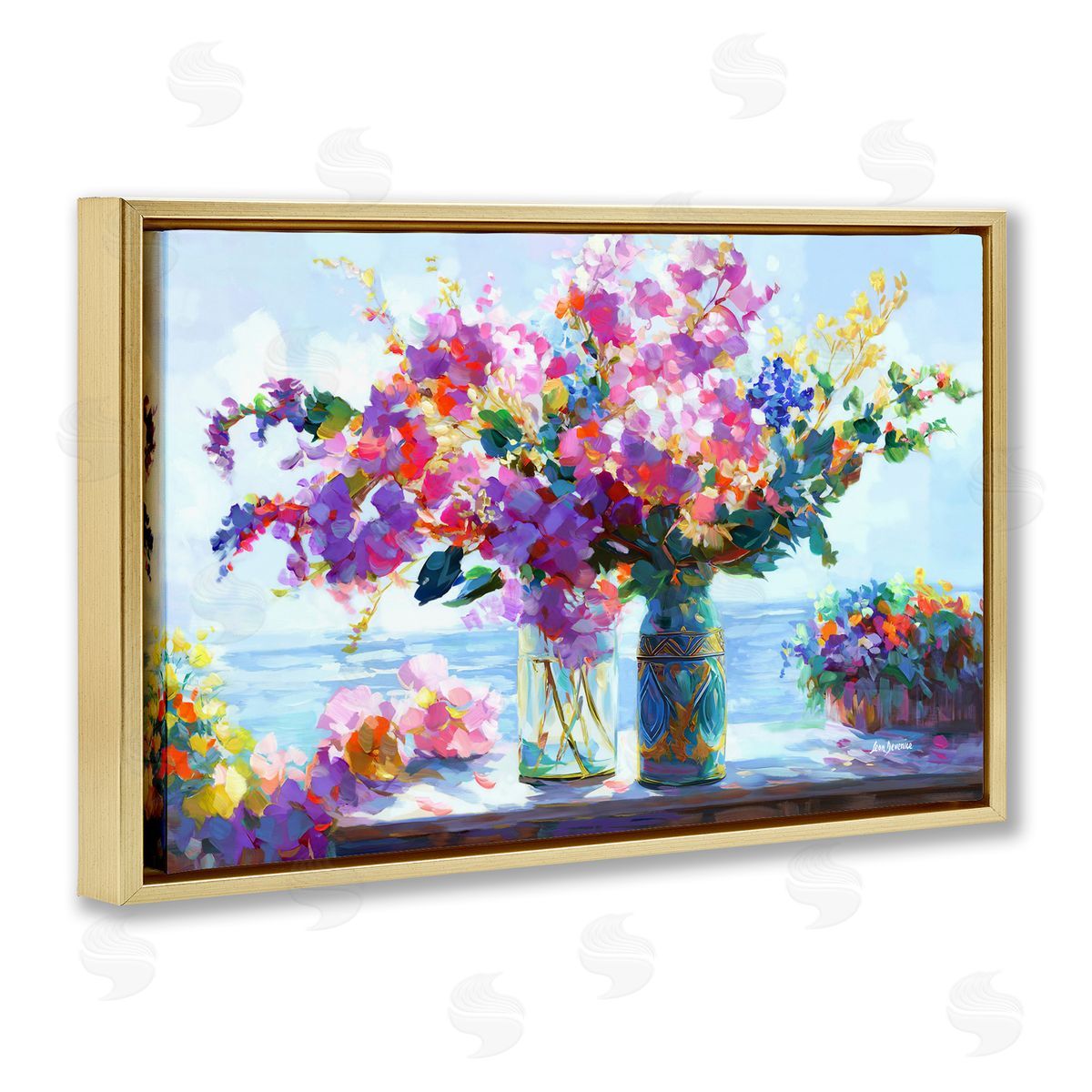 Ocean Breeze Blossoms Gold Floating Frame Canvas Wall Art, Home Decor by Leon Devenice
