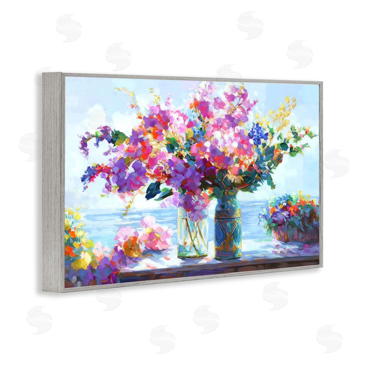 Ocean Breeze Blossoms Grey Frame Print Wall Art, Home Decor by Leon Devenice