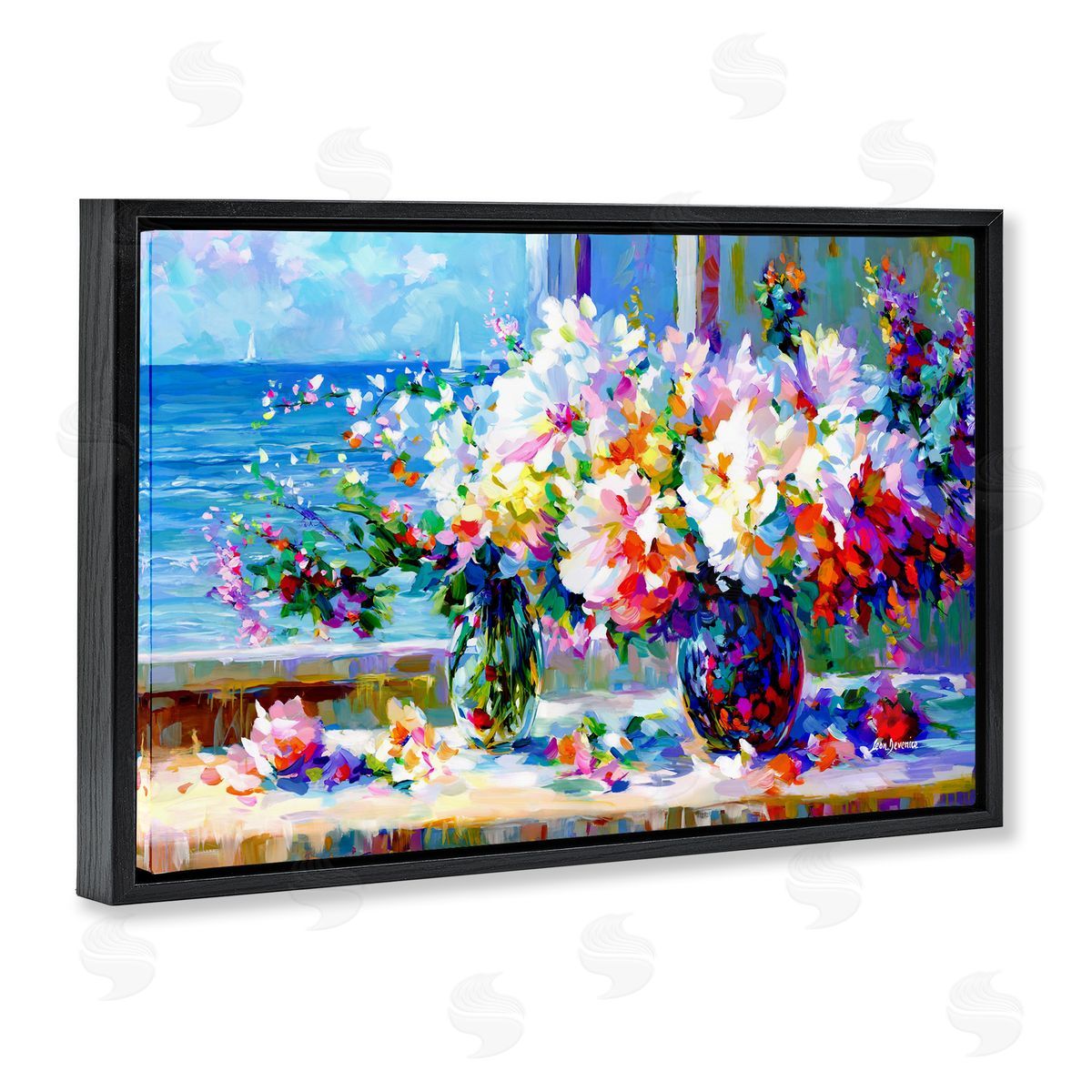 Blossoms By The Sea Black Floating Frame Canvas Wall Art, Home Decor by Leon Devenice