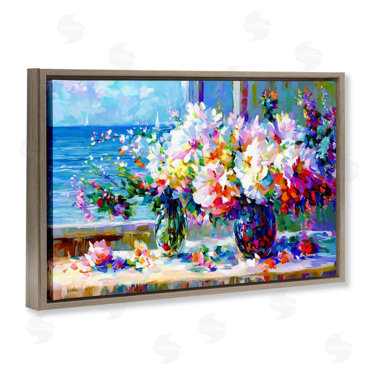 Blossoms By The Sea Brown Floating Frame Canvas Wall Art, Home Decor by Leon Devenice
