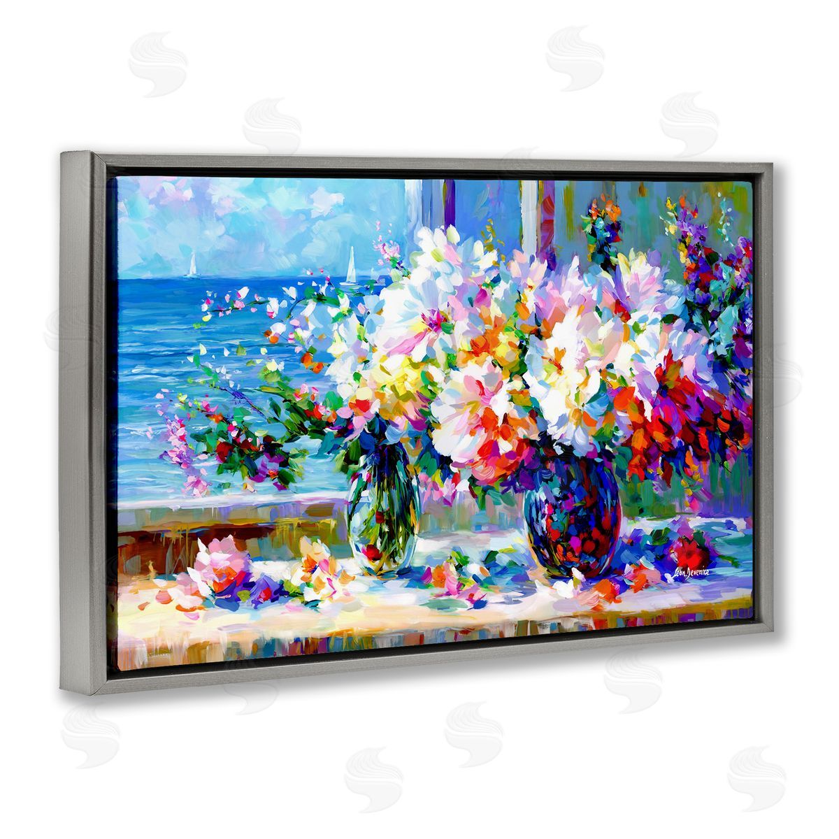 Blossoms By The Sea Grey Floating Frame Canvas Wall Art, Home Decor by Leon Devenice