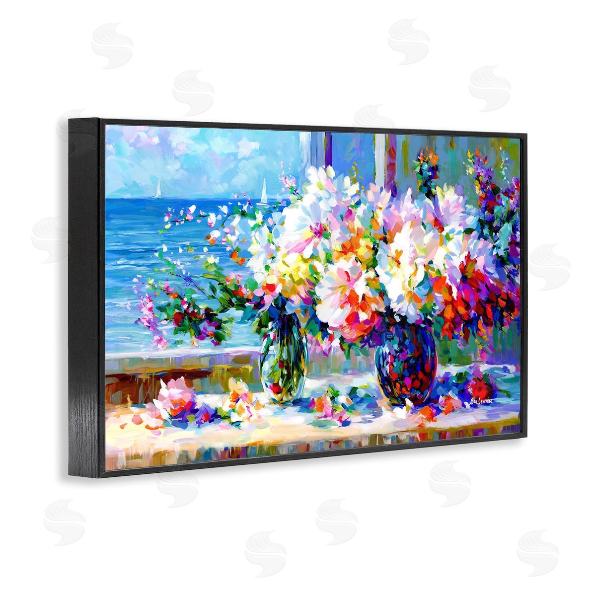 Blossoms By The Sea Black Frame Print Wall Art, Home Decor by Leon Devenice