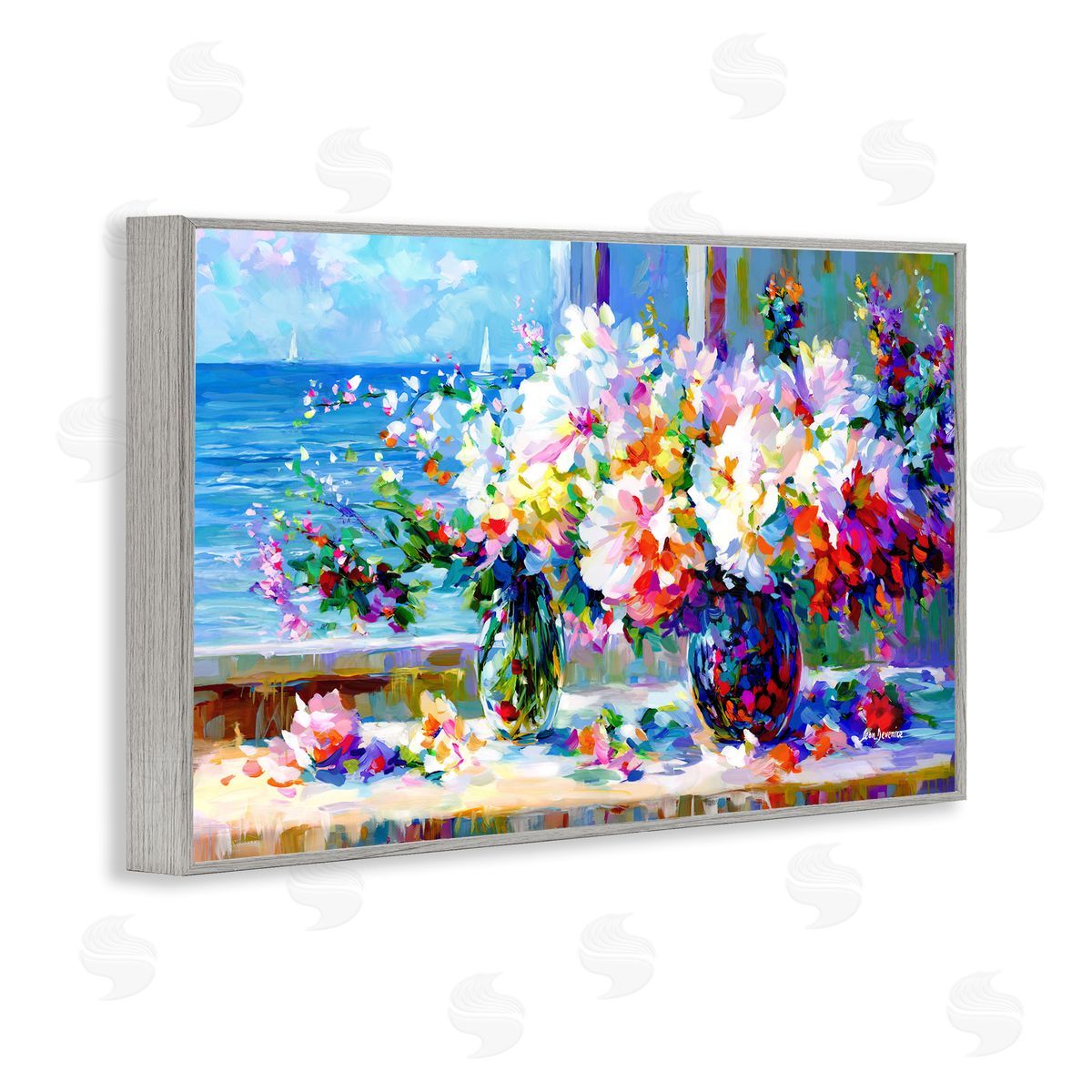 Blossoms By The Sea Grey Frame Print Wall Art, Home Decor by Leon Devenice