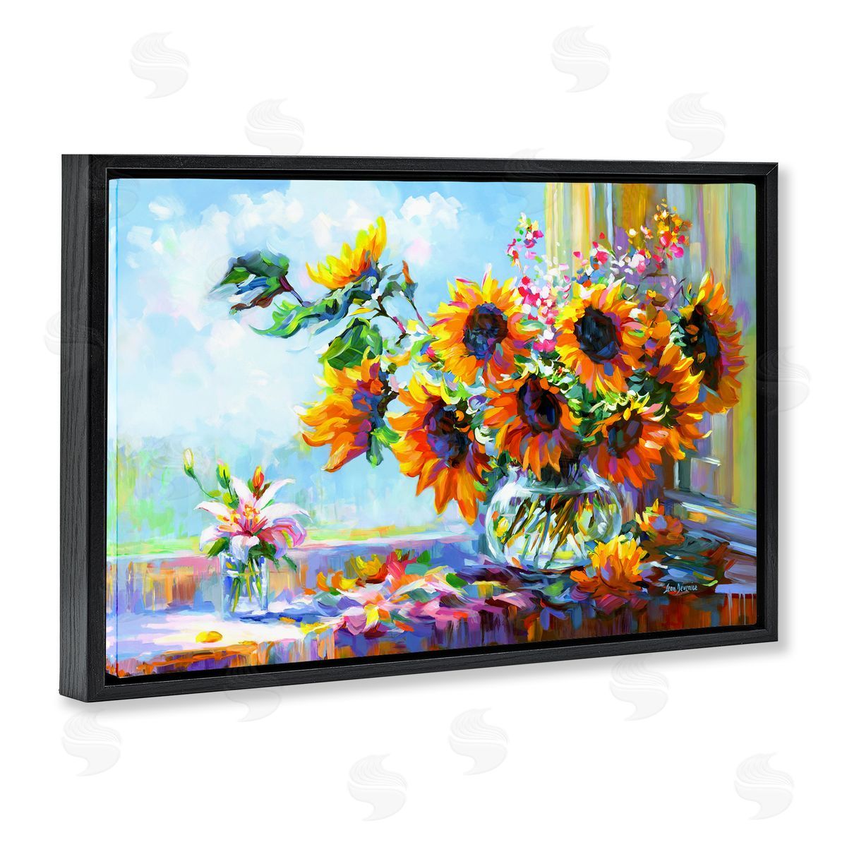 Sunflowers Morning Glory Black Floating Frame Canvas Wall Art, Home Decor by Leon Devenice