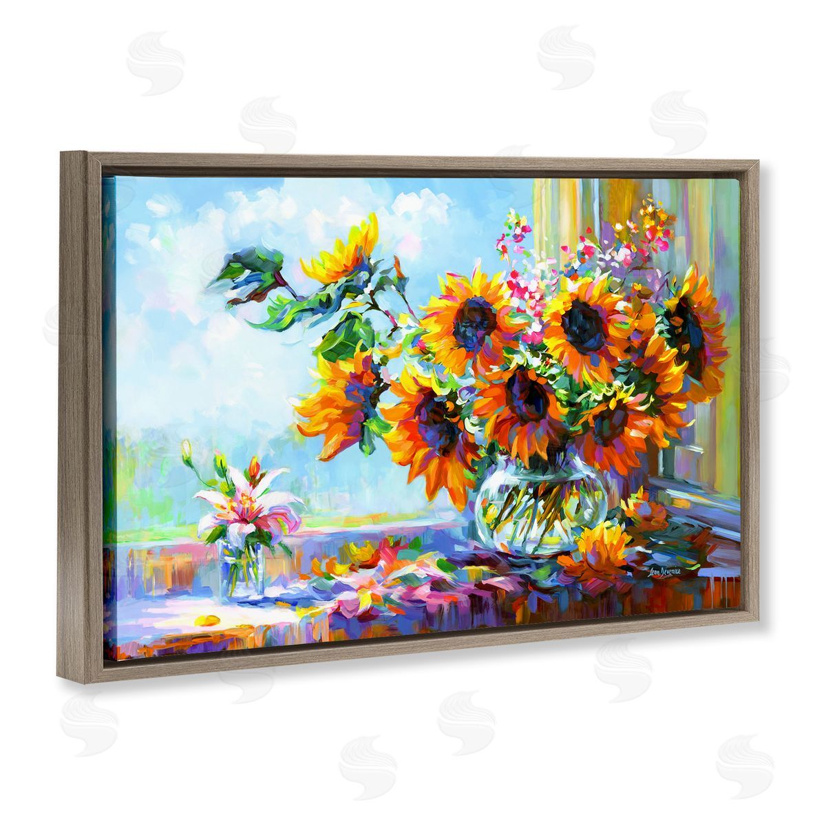 Sunflowers Morning Glory Brown Floating Frame Canvas Wall Art, Home Decor by Leon Devenice