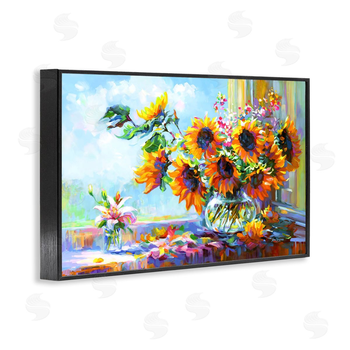 Sunflowers Morning Glory Black Frame Print Wall Art, Home Decor by Leon Devenice